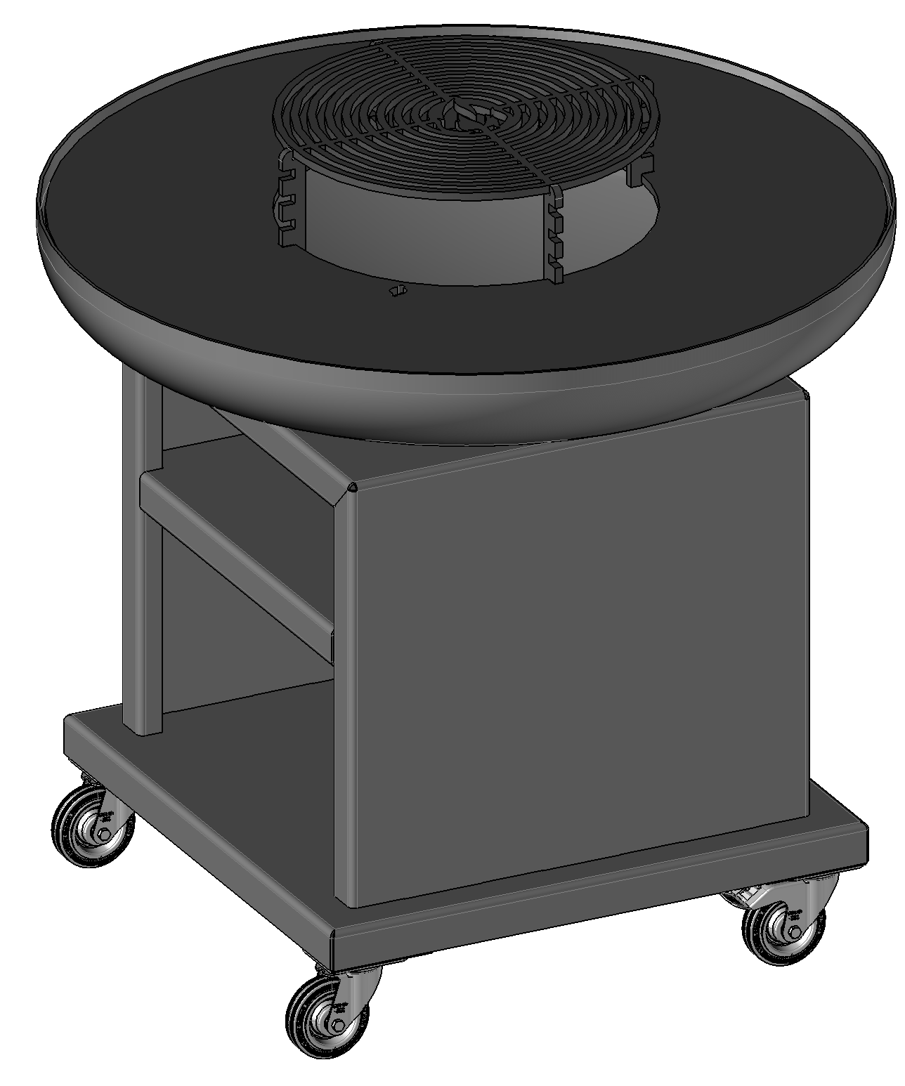 Rendu technique du brasero de série : cuve, plaque de cuisson, grille centrale, socle-coffre et quatre roulettes